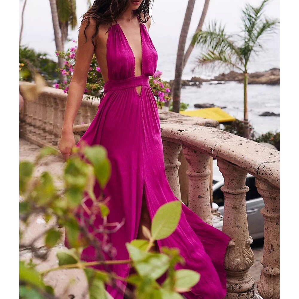 Free People Look Into the Sun Maxi Dress Halter Cutout Smocked Beach L 286834 - Picture 1 of 9